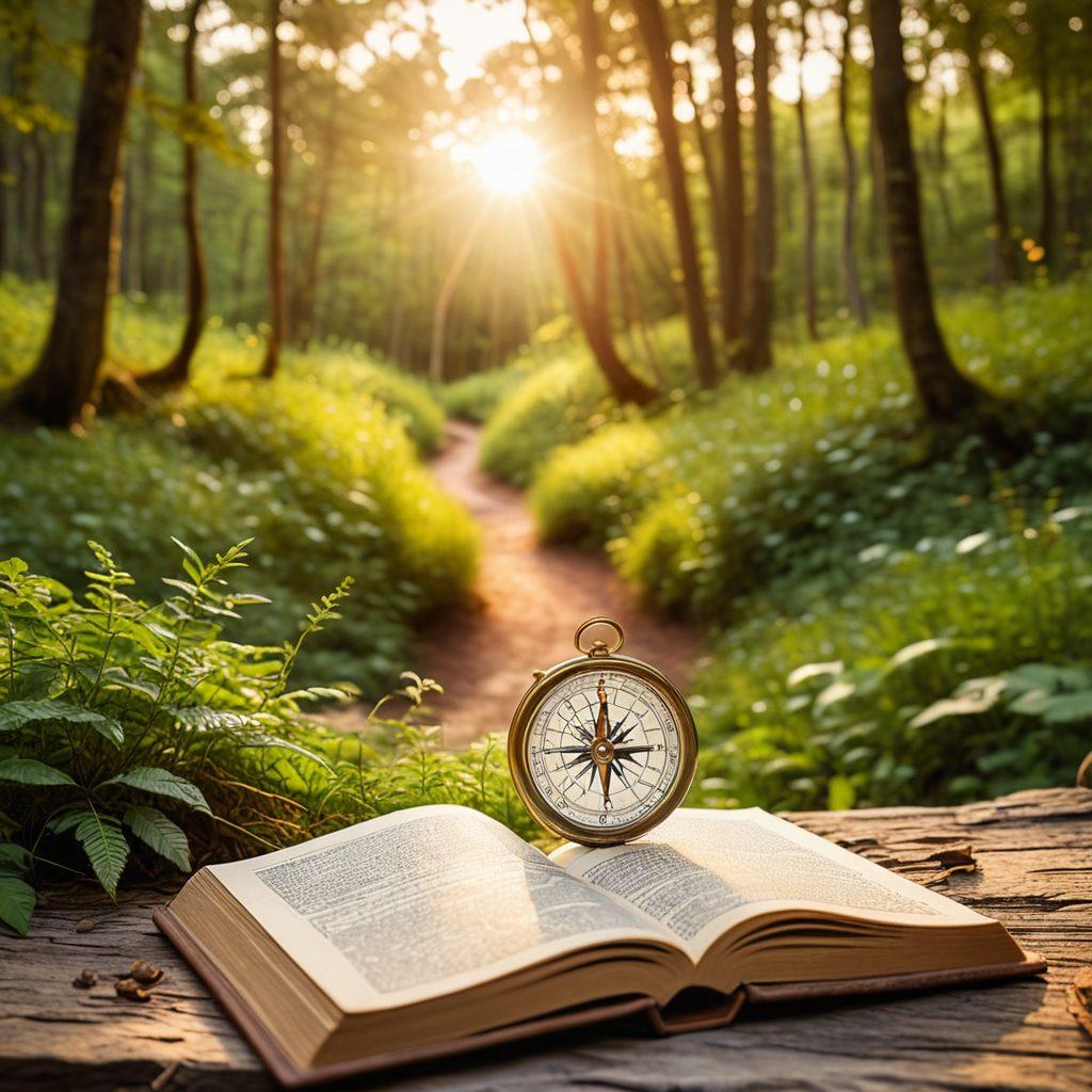A serene landscape depicting a winding path through a lush forest, symbolizing the journey of personal growth. Along the path, subtle icons representing life lessons like a compass, a heart, and a book can be seen. The sun is setting, casting a warm golden glow that adds a sense of tranquility. In the foreground, an open journal with handwritten notes on life insights enhances the scene. soft-focus photography. warm colors. natural setting.