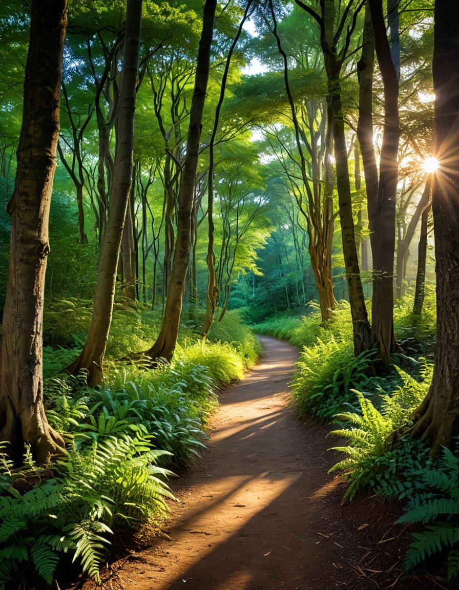 A winding path through a lush forest, symbolizing the journey of maturity. Include diverse groups of people sharing stories, each with a warm smile, embodying community and connection. Soft sunlight filters through the trees, creating a serene atmosphere. Symbolic elements like a compass and an open book at the foreground to represent guidance and knowledge. painting. vibrant colors.