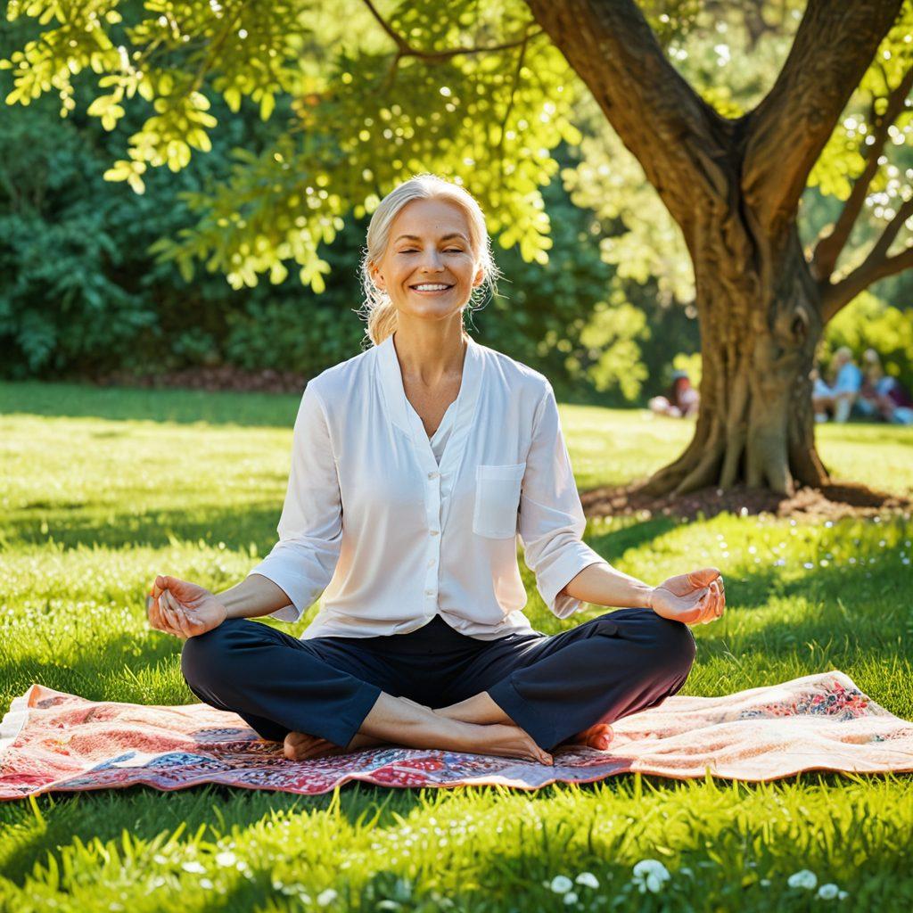 A serene scene depicting a mature person meditating in a sunlit park, surrounded by vibrant trees and flowers symbolizing empowerment. In the background, a colorful collage of diverse individuals engaging in joyful activities together, symbolizing strong relationships. Soft, warm lighting enhances the peaceful atmosphere. super-realistic. vibrant colors. soft focus.